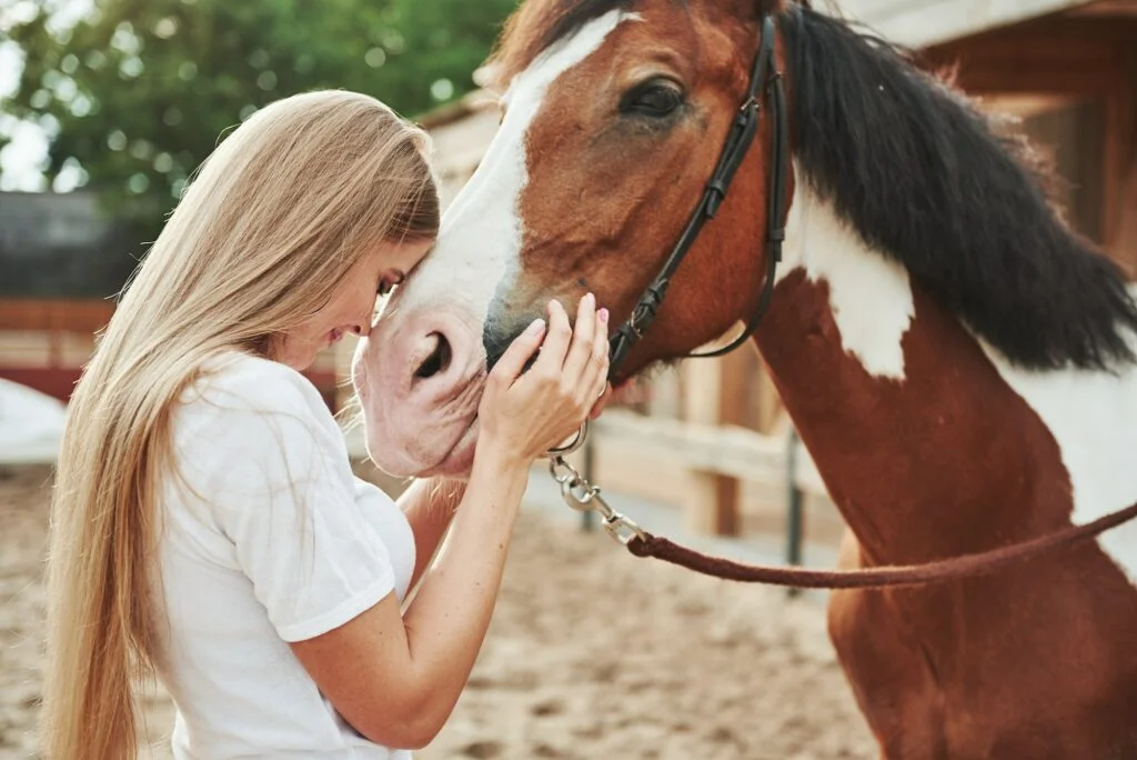 Love animals. Happy woman with her horse on the ranch at daytime